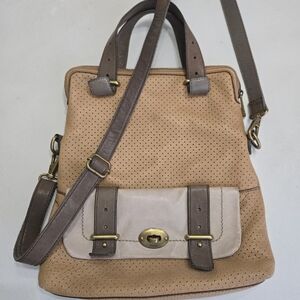 Fossil Tan and Brown Leather Satchel